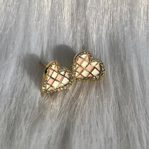 Checkered Pink Heart Studs