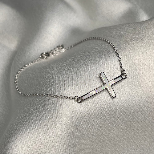 Dainty White Opal Cross Bracelet .925