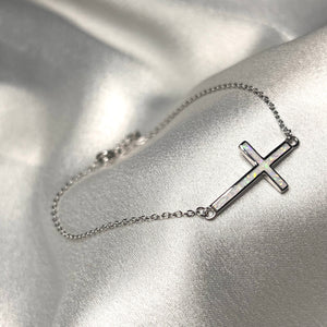 Dainty White Opal Cross Bracelet .925