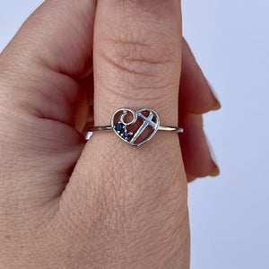 Blue CZ Heart Cross Ring .925