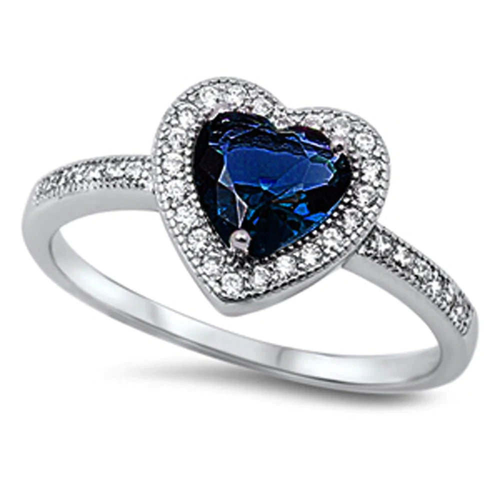 Blue Sapphire & CZ Heart Ring