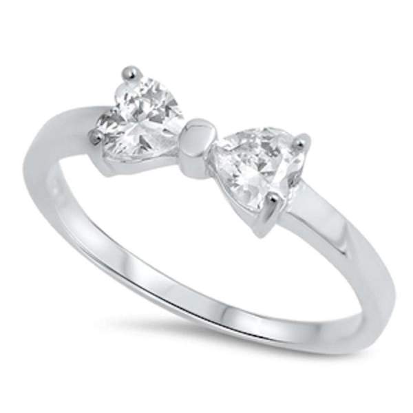 Heart CZ Ribbon Bow .925 Sterling Silver Ring